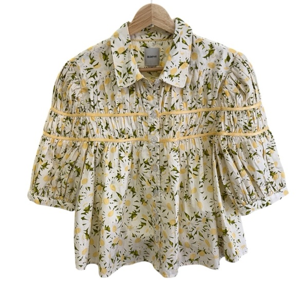 Maeve Tops - Maeve Anthropologie Shirred Leandra Daisy Floral Women's Top - White and Yellow